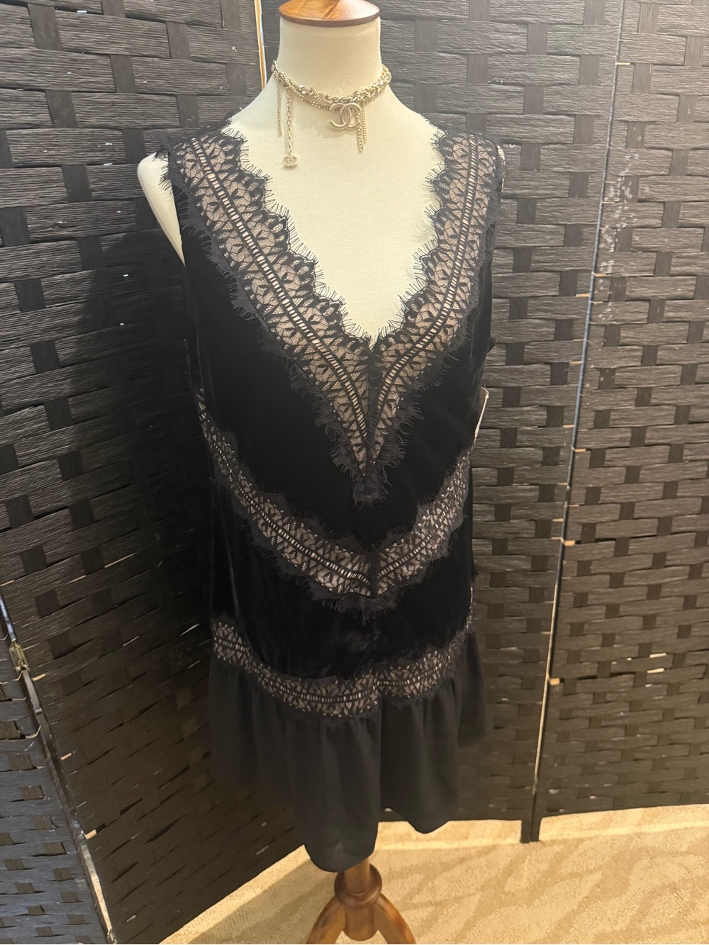 Nordstrom Black Lace Trim Velvet Chemise